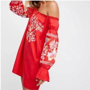 Flower Embroidered Red Dress Off Shoulder